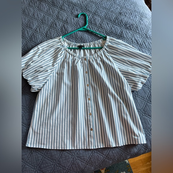 Ann Taylor Tops - Ann Taylor Striped Blue and White blouse. Puff sleeves. Size Large.